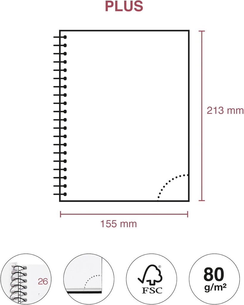 Agenda 2026 semana vista, Similar A5+ (155 x 213 mm), Cubierta flexible polipropileno, Espiral, Papel 80 g/m², Planificador semanal, Español-EN-PT, Color gris Miquelrius