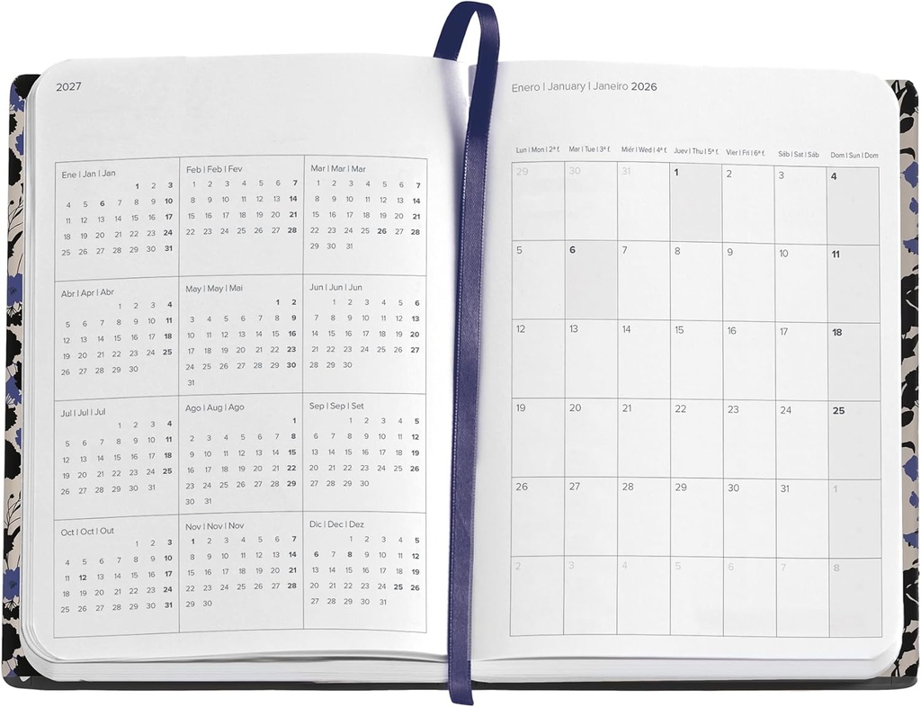 Agenda 2026 semana vista, Fácil de llevar (122 x 168 mm), Planificación semanal, Cubierta rígida cartón, Espiral, Cierre goma elástica, Papel 80 g/m², Español-EN-PT, Black&Blue Miquelrius