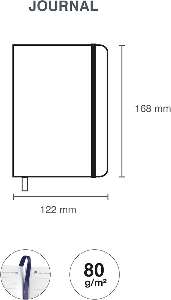 Agenda 2026 semana vista, Fácil de llevar (122 x 168 mm), Planificación semanal, Cubierta rígida cartón, Espiral, Cierre goma elástica, Papel 80 g/m², Español-EN-PT, Black&Blue Miquelrius