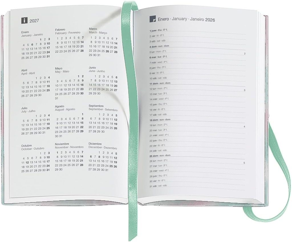 Agenda 2026 semana vista, Formato pequeño (90 x 140 mm), Planificación semanal, Cubierta rígida cartón, Espiral, Cierre goma elástica, Papel 80 g/m², Español-EN-PT, Gradient Miquelrius