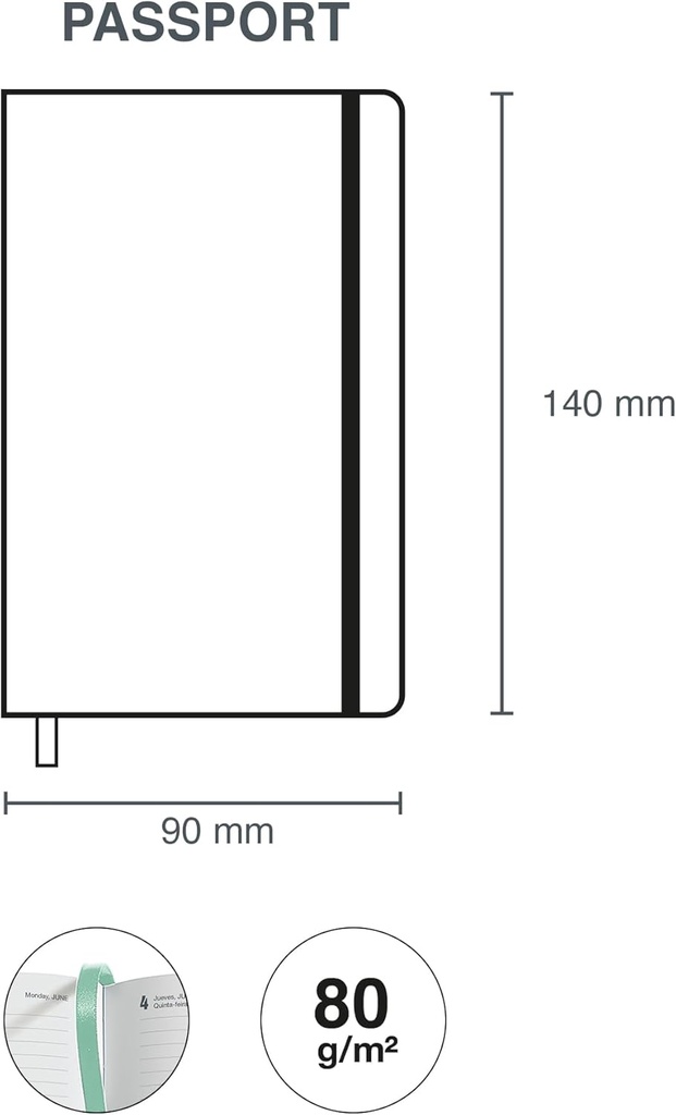 Agenda 2026 semana vista, Formato pequeño (90 x 140 mm), Planificación semanal, Cubierta rígida cartón, Espiral, Cierre goma elástica, Papel 80 g/m², Español-EN-PT, Gradient Miquelrius