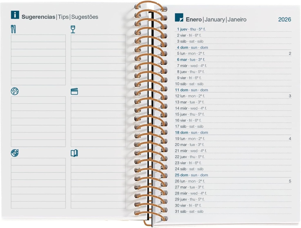 Agenda 2026 semana vista, Pequeña y portátil (80 x 120 mm), Planificación semanal, Cubierta rígida cartón, Espiral, Cierre goma elástica, Papel 80 g/m², Español-EN-PT, Anémona Miquelrius