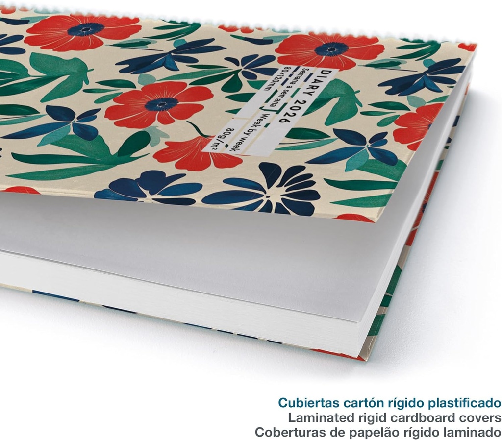 Agenda 2026 semana vista, Pequeña y portátil (80 x 120 mm), Planificación semanal, Cubierta rígida cartón, Espiral, Cierre goma elástica, Papel 80 g/m², Español-EN-PT, Anémona Miquelrius