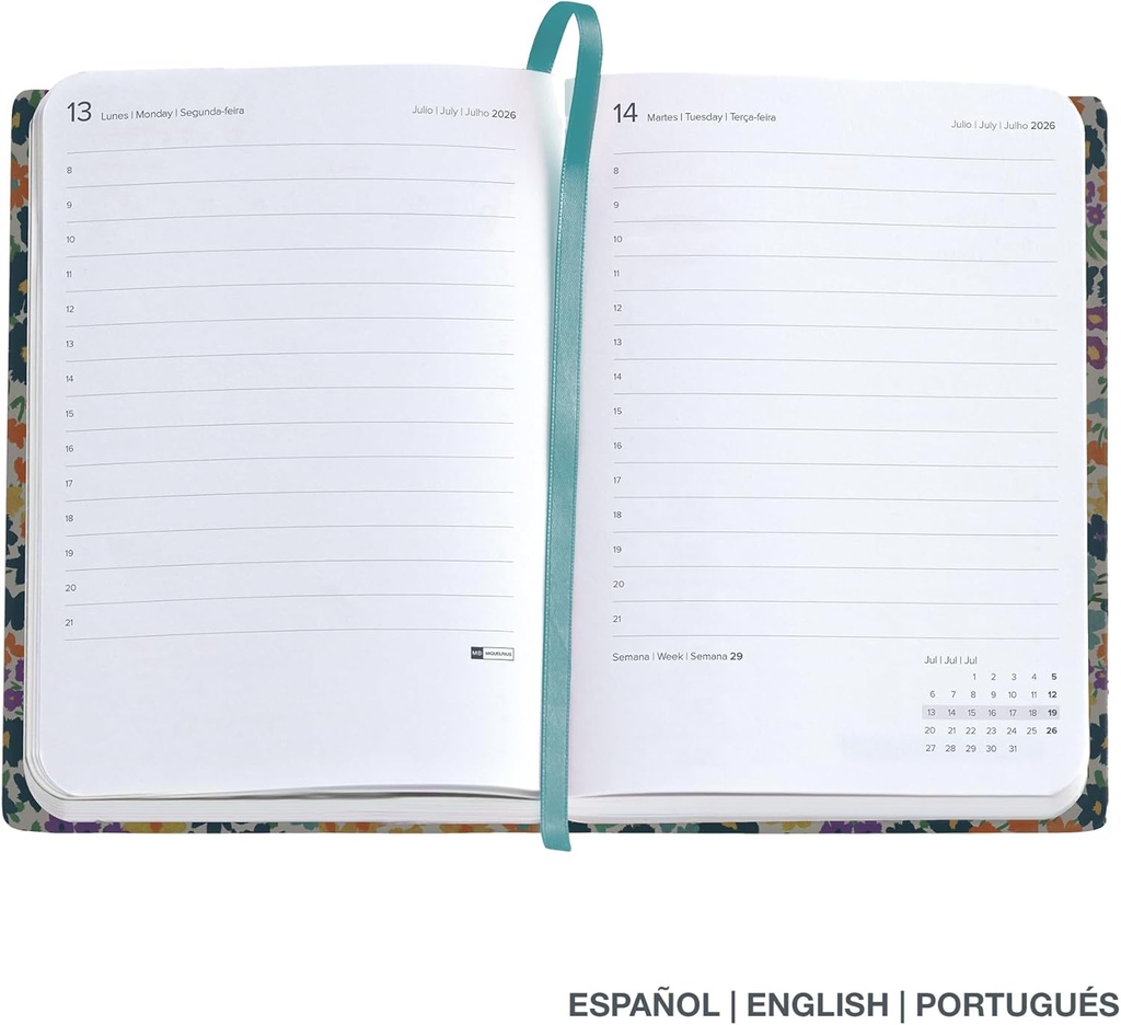Agenda 2026 día por página, Fácil de llevar (122 x 168 mm), Planificación diaria, Cubierta rígida cartón, Espiral, Cierre goma elástica, Papel 80 g/m², Español-EN-PT, Miquelrius