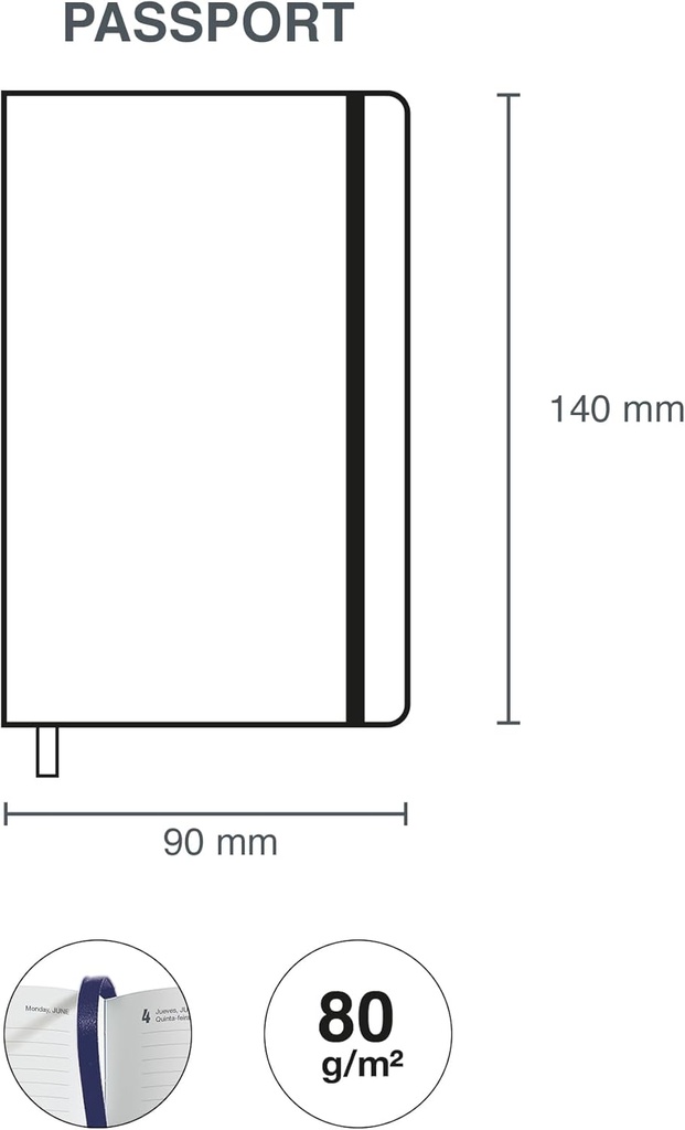 Agenda 2026 día por página, Formato pequeño (90 x 140 mm), Planificación diaria, Cubierta rígida cartón, Espiral, Cierre goma elástica, Papel 80 g/m², Español-EN-PT, Black&Blue Miquelrius