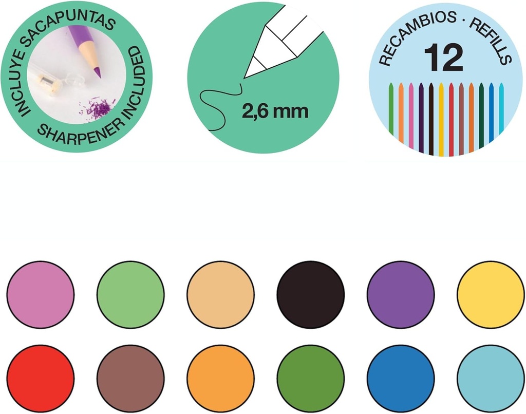 Portaminas de colores Color Click con sacapuntas y 12 minas de recambio incluidos 