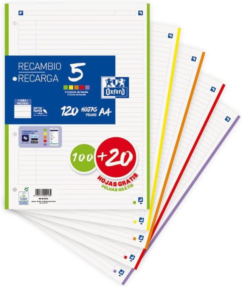 Recambio 1L A4 90g 100+20h 5B 4T colores vivos Oxford