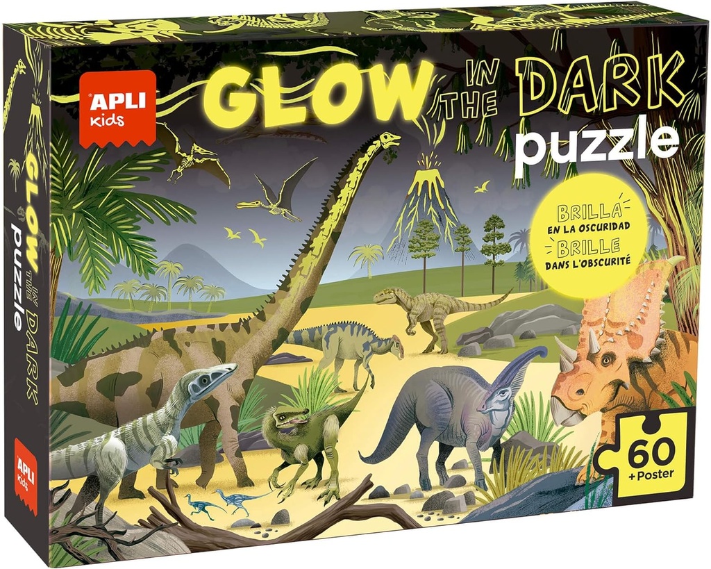 Puzzle fluorescente Glow in the Dark - modelo Dinosaurios - puzzle con efecto neón, brilla en la oscuridad- 60 piezas tamaño 6x6cm  Apli +4a