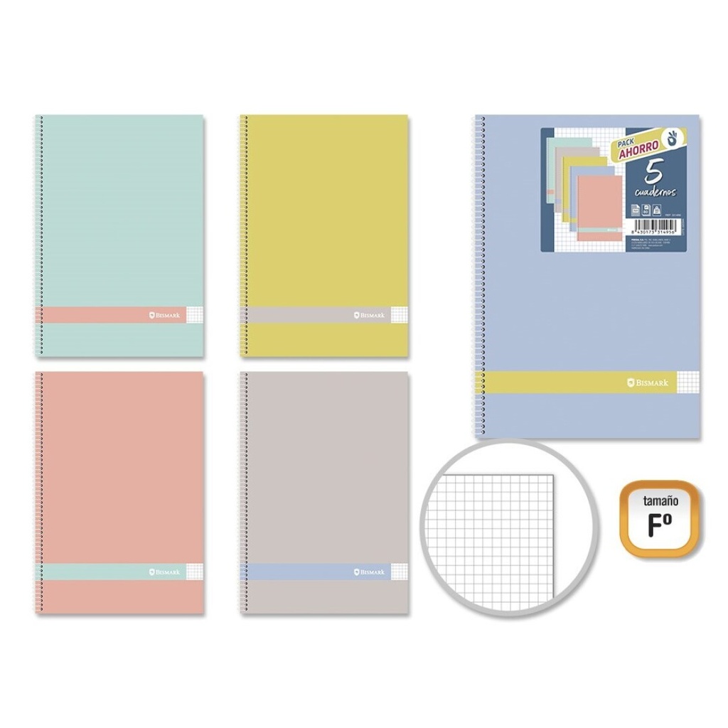 Cuaderno espiral 4X4 Fº 90g 80h C/M T/B colores pastel Bismark