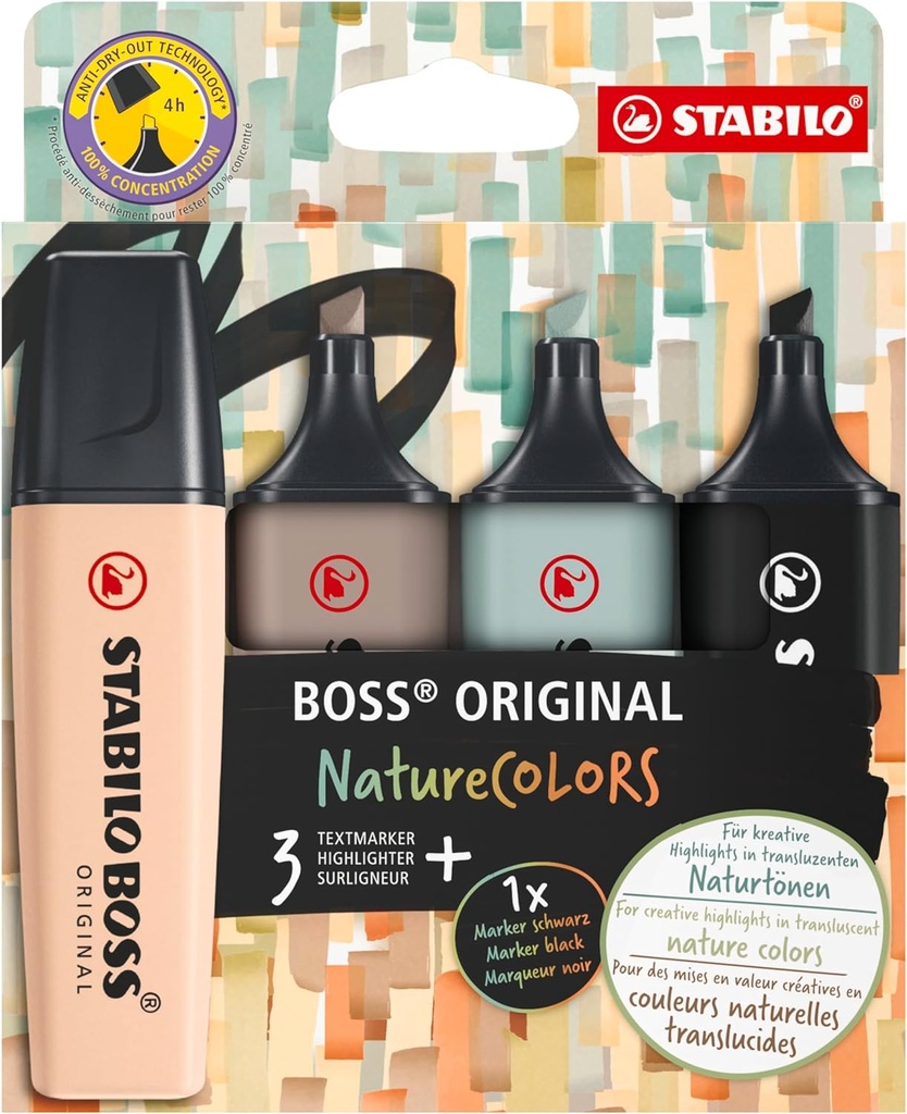 Marcador fluorescente Boss Stabilo 4uds natureColors colores (beige, gris cálido, verde tierra, negro)