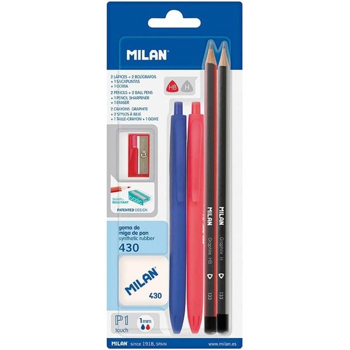 Blister 2 bolígrafos p1 (azul/rojo), 2 lapices grafito HB y h, goma 430 y sacapuntas