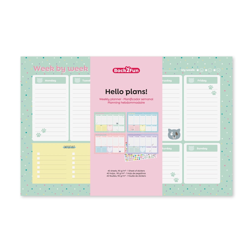 Planificador Semanal Horizontal Tamaño 340 x 220 mm, Planner atemporal A4 plus, Encolado, 40 hojas, 4 diseños de páginas, 1 página stickers, Papel 90 g/m², Inglés Miquelrius