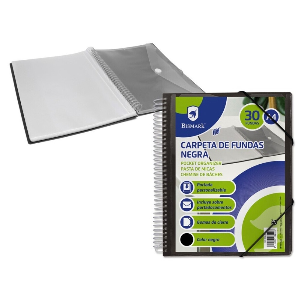 Carpeta espiral 30 fundas A4 negro Bismark