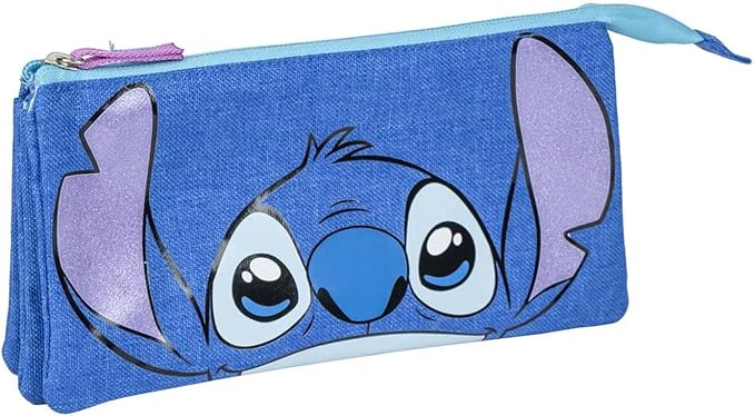 Portatodo Stitch Disney triple 22,5×21,5x2cm  Color Azul Versátil y Duradero - Producto Original Diseñado en España
