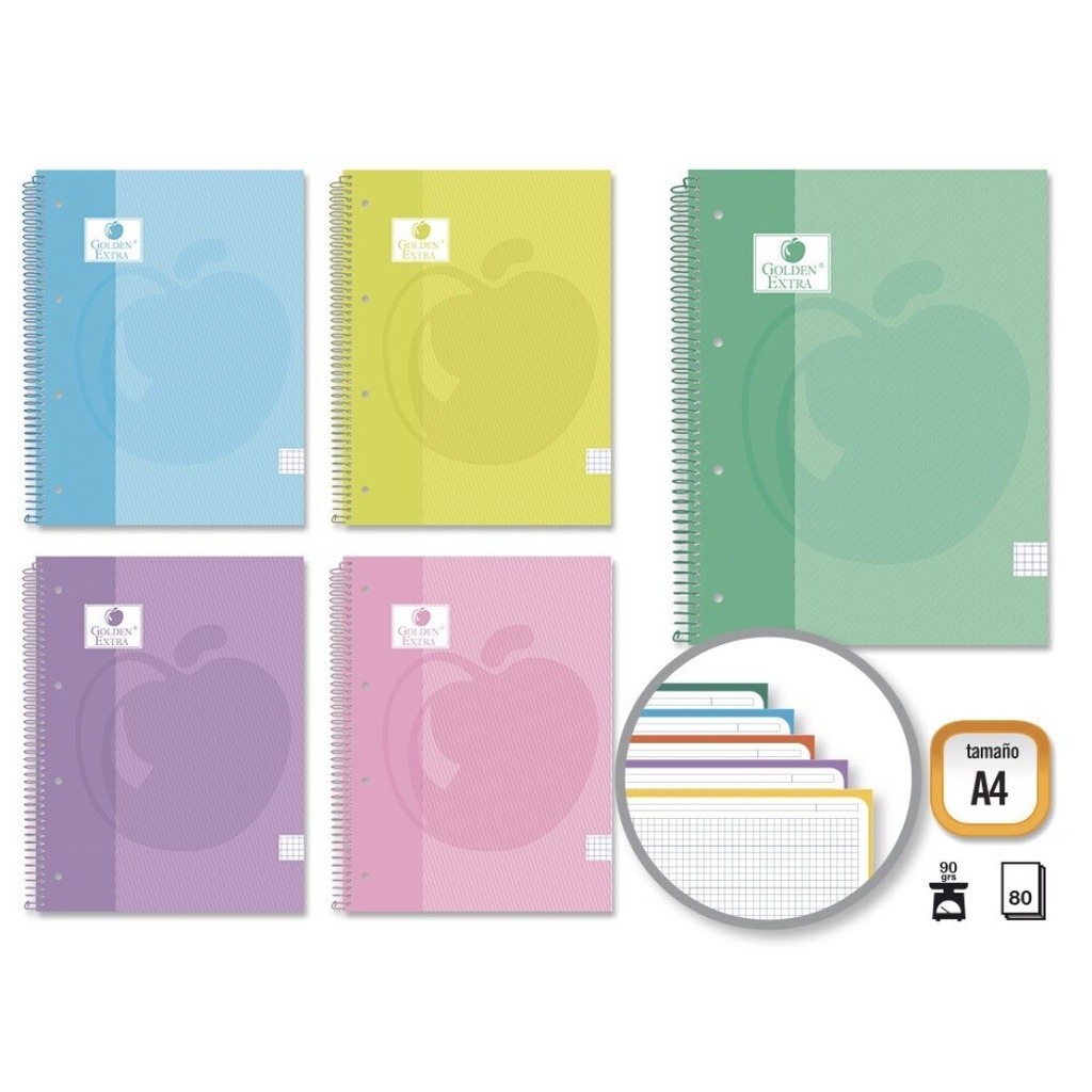 Cuaderno espiral 5x5 A4 90g 80h 5B T/E microperforado colores surtidos Golden