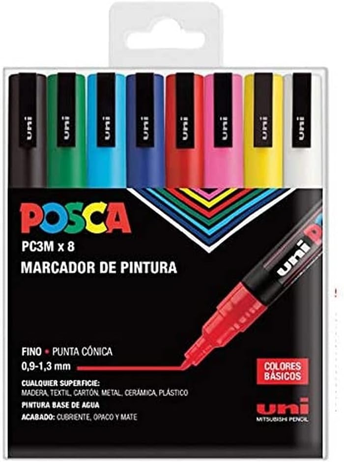 Marcador PC3M 0.09-1.3mm conica 8uds colores basic Posca