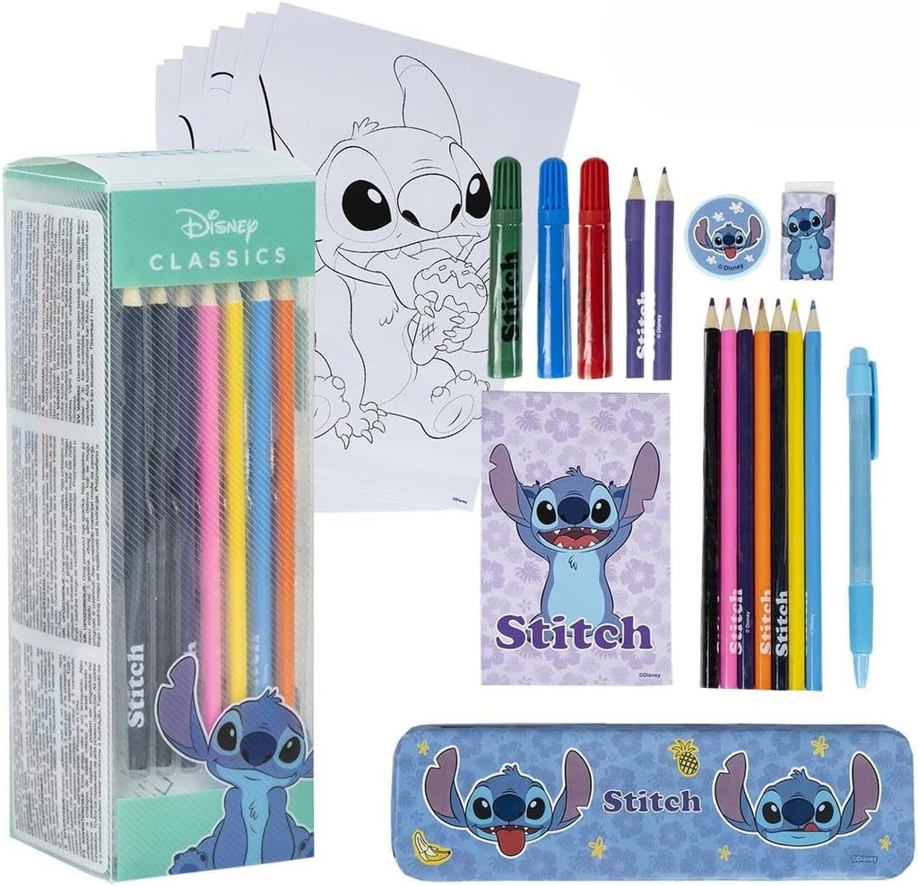 Set de Papeleria Inspirado en Stitch - Color Azul - 11 x 24 x 9.5 cm - Incluye Todo Lo Necesario para Colorear - Producto Original Diseñado en España