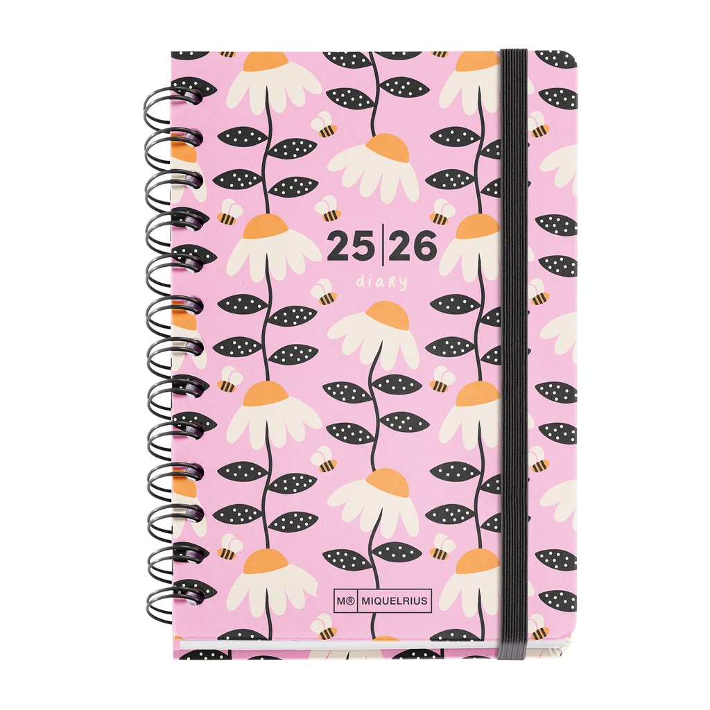 Agenda Escolar 2025 2026, Planificador de Septiembre a Agosto, Tamaño 125.5 x 178 mm, Día Página, Doble Espiral, Pegatinas, Tapa de Cartón Forrado, Cierre con Goma, Español-Inglés Miquelrius