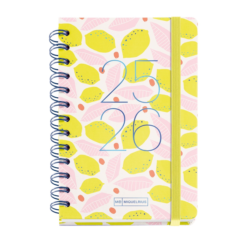 Agenda Escolar 25-26, Planificador de Septiembre 2025 a Agosto 2026, Tamaño 125.5 x 178 mm, Día Página, Doble Espiral, Pegatinas, Tapa de Cartón Forrado, Cierre con Goma, Español-Inglés Miquelrius