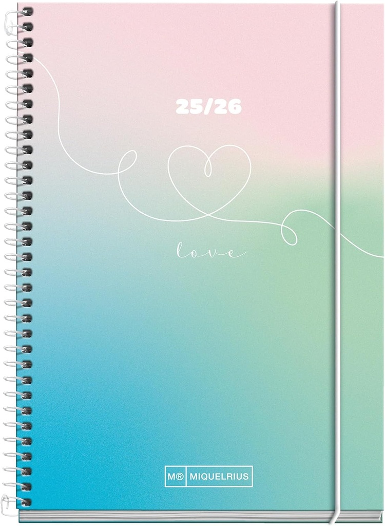 Agenda Escolar 25-26, Planificación 10 meses: de Septiembre 2025 a Junio 2026, Tamaño 117 x 174 mm, Semana Vista, Cubierta de Cartón Forrado, Espiral Metálico Blanco, Español-Inglés Miquelrius