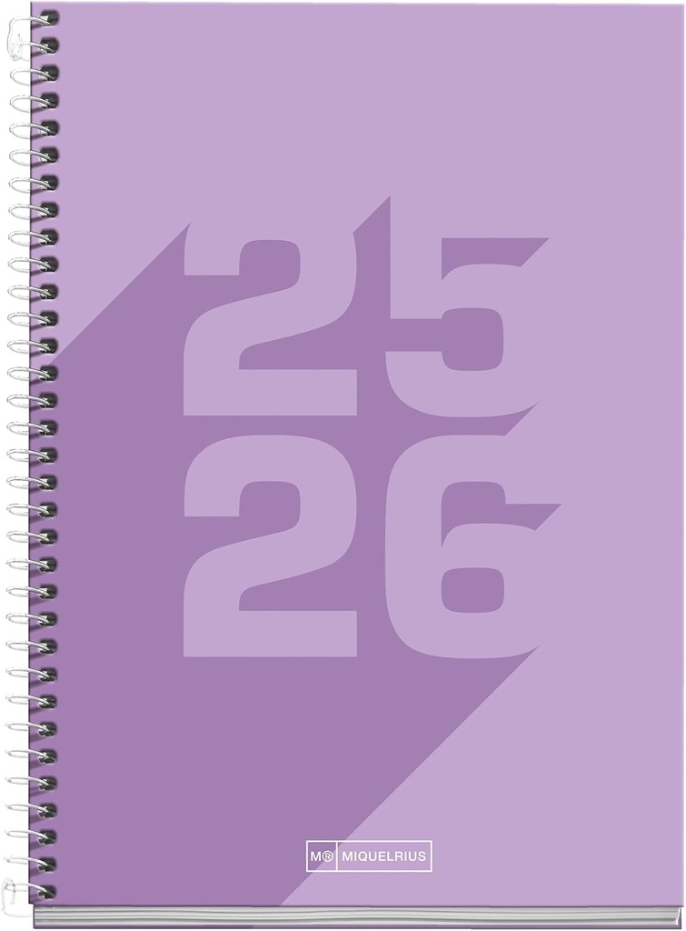 Agenda Escolar 25-26, Planificador 10 Meses: Septiembre 2025 a Junio 2026, Tamaño 150 x 213 mm, Día Página, Cubierta de Cartón Forrado, Espiral metálico, Español-Inglés malva Miquelrius 