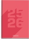 Agenda Escolar 25-26, Planificador 10 Meses: Septiembre 2025 a Junio 2026, Tamaño 150 x 213 mm, Día Página, Cubierta de Cartón Forrado, Espiral metálico, Español-Inglés  Coral Miquelrius