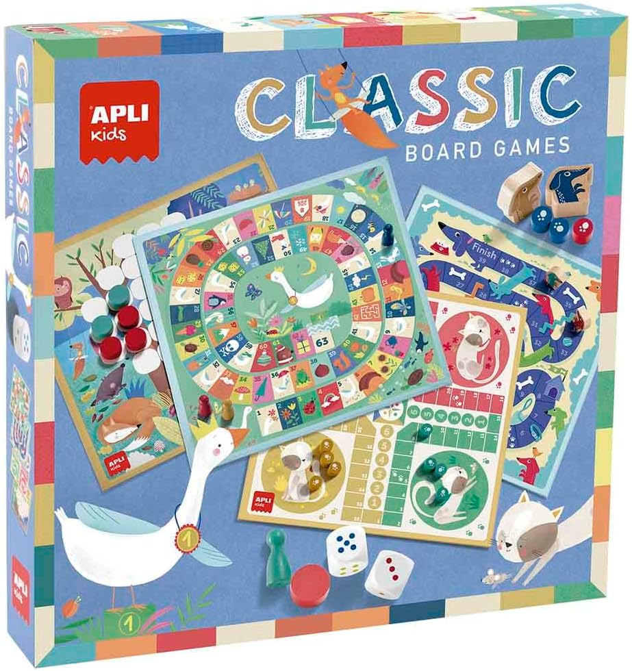 Juegos reunidos 4 en 1, set de 4 juegos clásicos de mesa ilustrados: oca, parchís,escaleras y 4 en raya. Apli