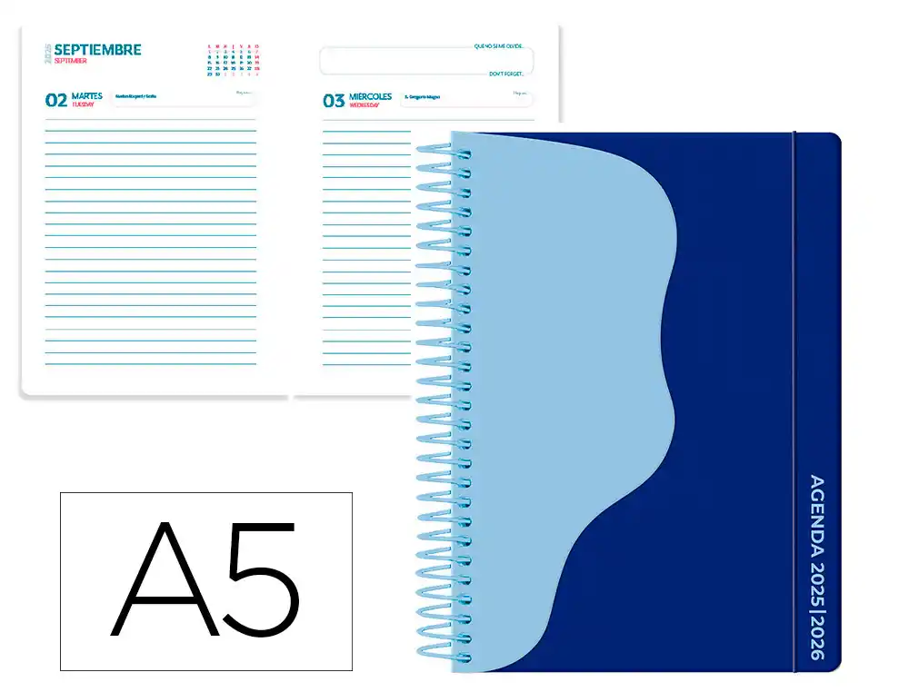 Agenda escolar 25-26 espiral Waves dia pagina A5 bilingüe papel fsc 80gr 