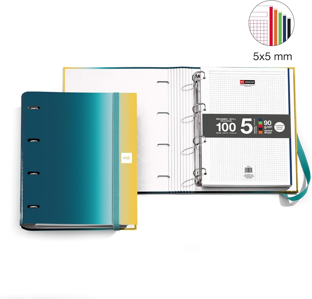 Carpebloc A4, Carpeta archivador con 4 anillas + Recambio 100 hojas de 90 g/m² con cuadrícula de 5 mm, Cierre con goma, Colección Aurora Miquelrius