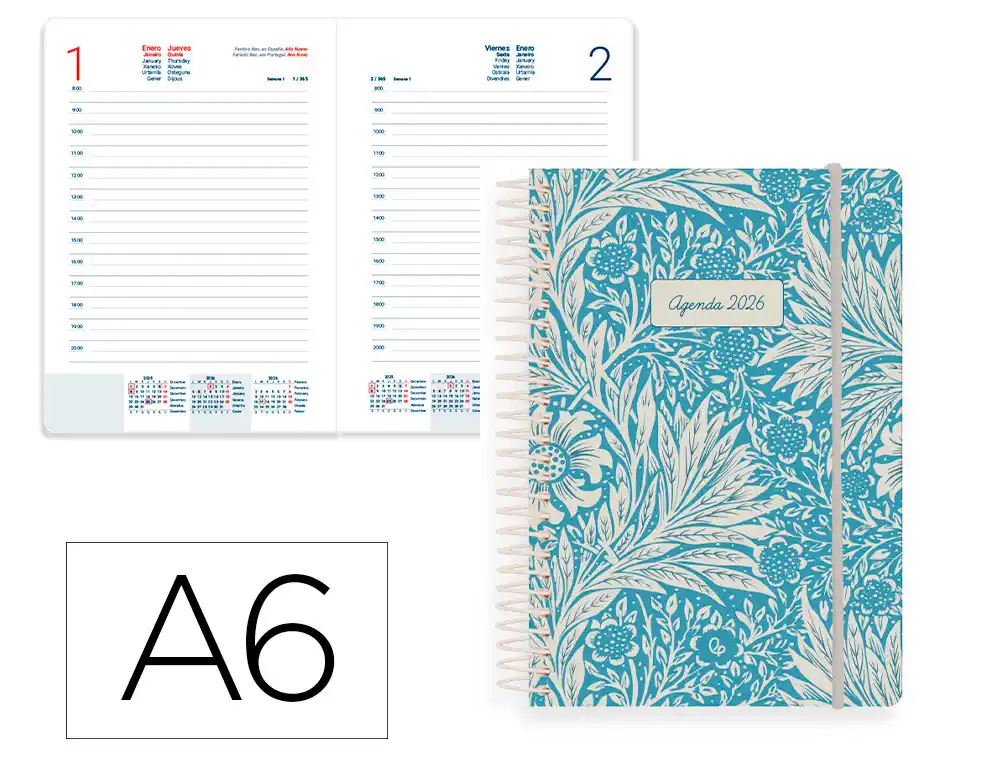 Agenda espiral A6 2026 día página Santorini  60g FSC Liderpapel