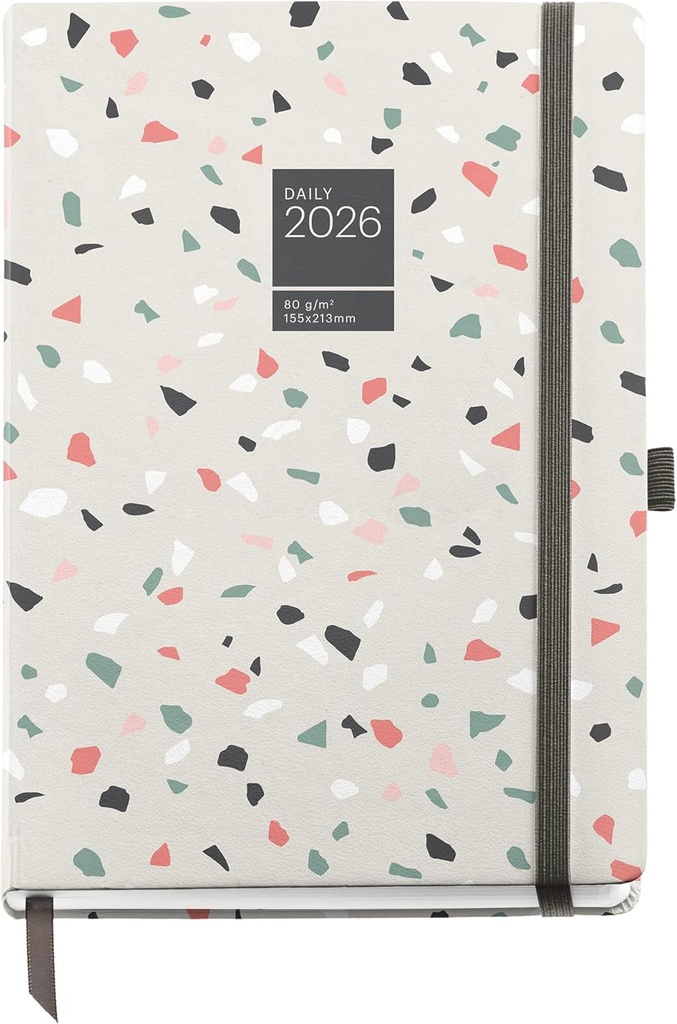 Agenda 2026 día por página, Similar A5+ (155 x 213 mm), Planificación diaria, Cubierta rígida cartón, Espiral, Cierre goma elástica, Papel 80 g/m², Español-EN-PT, Terrazo Miquelrius