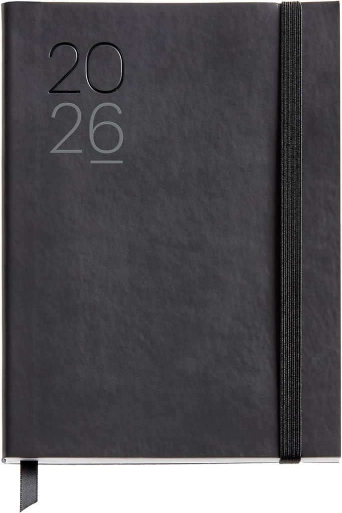 Agenda 2026 día por página, Fácil de llevar (122 x 168 mm), Planificación diaria, Cubierta flexible símil piel cosida, Papel 80 g/m², Español-EN-PT, Negro Miquelrius