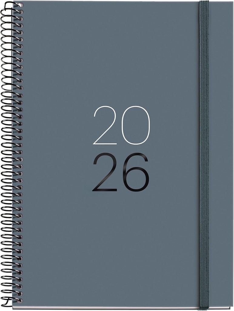 Agenda 2026 día por página, Similar A5+ (155 x 213 mm), Tapa cartón plastificado, Espiral y cierre goma elástica, Planificación diaria, Papel 80 g/m², Español-EN-PT, Grafito Miquelrius
