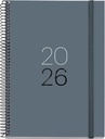 Agenda 2026 día por página, Similar A5+ (155 x 213 mm), Tapa cartón plastificado, Espiral y cierre goma elástica, Planificación diaria, Papel 80 g/m², Español-EN-PT, Grafito Miquelrius