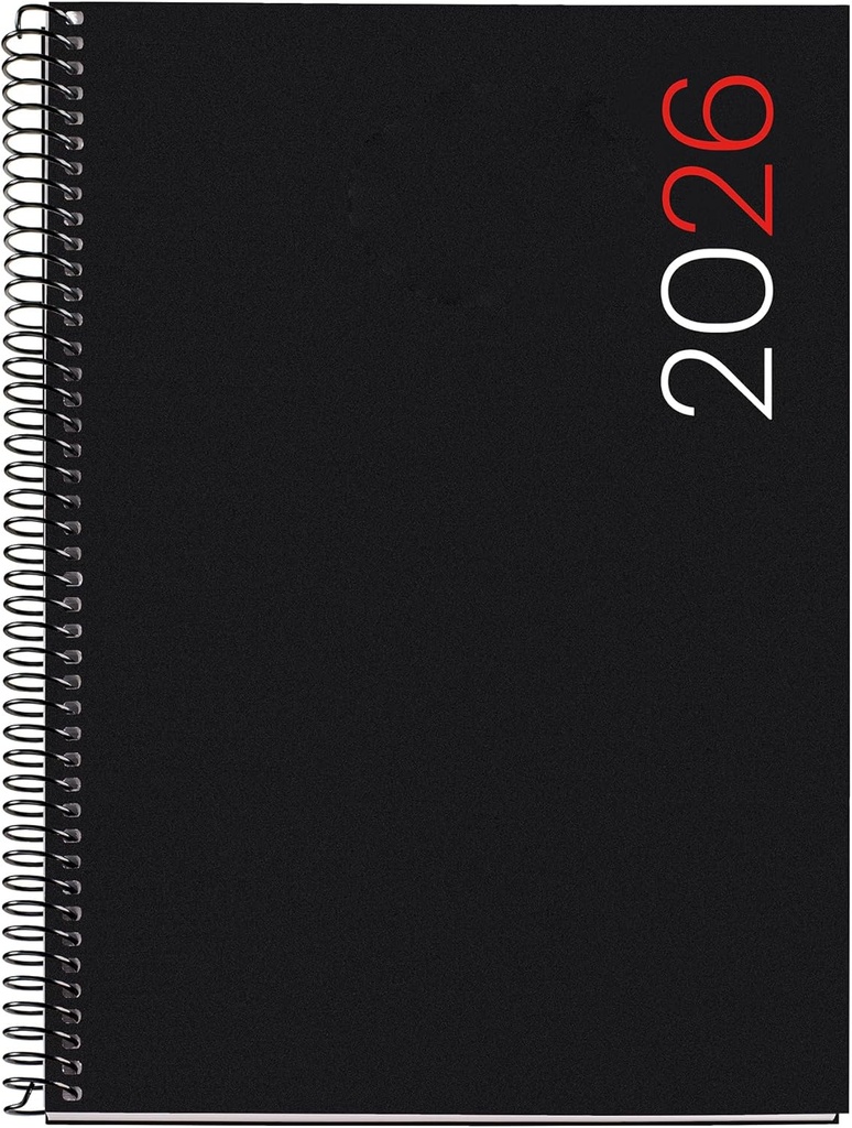 Agenda 2026 día por página, Similar A5+ (155 x 213 mm), Cubierta flexible polipropileno, Espiral, Papel 80 g/m², Planificador diario, Español-EN-PT, Color negro Miquelrius