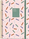 Agenda 2026 día por página, Similar A5+ (155 x 213 mm), Planificación diaria, Cubierta rígida cartón, Espiral, Cierre goma elástica, Papel 80 g/m², Español-EN-PT, Confeti Miquelrius
