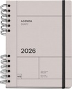 Agenda 2026 día por página, Similar A5+ (160.5 x 218 mm), Planificación diaria, Tapa texturizada, Papel 100 g/m², Cierre elástico, Espiral metálico dividido, Español-EN-PT, Gris Miquelrius