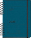 Agenda 2026 día por página, Similar A5+ (160.5 x 218 mm), Planificación diaria, Tapa texturizada, Papel 100 g/m², Cierre elástico, Espiral metálico dividido, Español-EN-PT, Marino Miquelrius