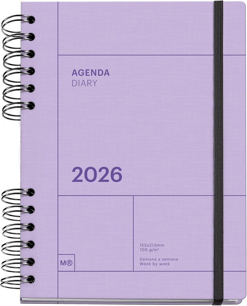 Agenda 2026 semana vista, Similar A5+ (160.5 x 218 mm), Planificación semanal, Tapa texturizada, Papel 100 g/m², Cierre elástico, Espiral metálico dividido, Español-EN-PT, Malva Miquelrius
