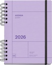 Agenda 2026 semana vista, Similar A5+ (160.5 x 218 mm), Planificación semanal, Tapa texturizada, Papel 100 g/m², Cierre elástico, Espiral metálico dividido, Español-EN-PT, Malva Miquelrius