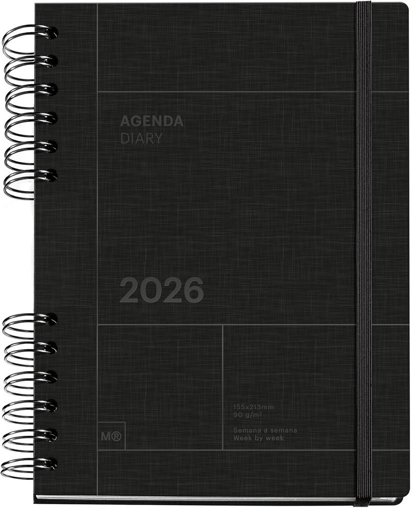 Agenda 2026 semana vista, Similar A5+ (160.5 x 218 mm), Planificación semanal, Tapa texturizada, Papel 100 g/m², Cierre elástico, Espiral metálico dividido, Español-EN-PT, Negro Miquelrius