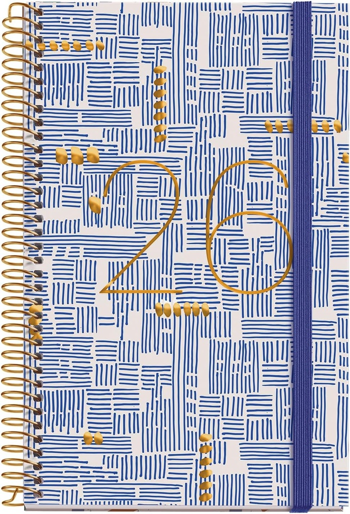 Agenda 2026 semana vista, Similar A6+ (117 x 182 mm), Planificación semanal, Cubierta rígida cartón, Espiral, Cierre goma elástica, Papel 80 g/m², Español-EN-PT, Trazos Miquelrius