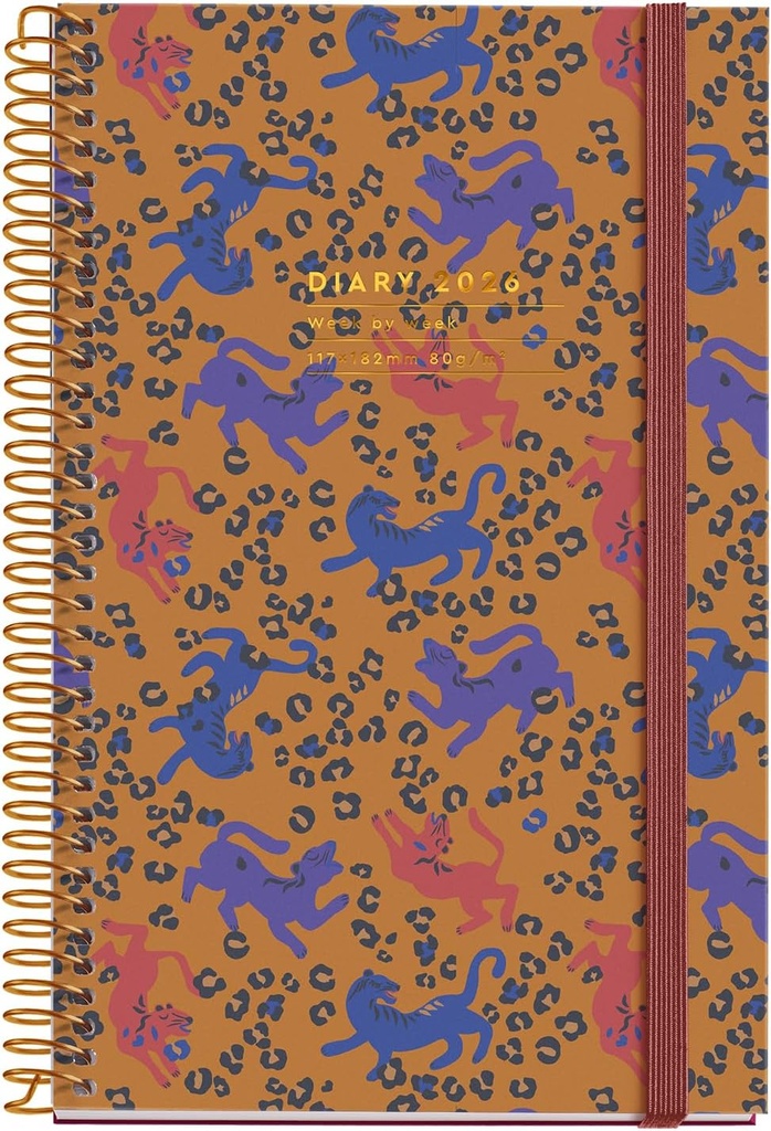Agenda 2026 semana vista, Similar A6+ (117 x 182 mm), Planificación semanal, Cubierta rígida cartón, Espiral, Cierre goma elástica, Papel 80 g/m², Español-EN-PT, Leopard Miquelrius