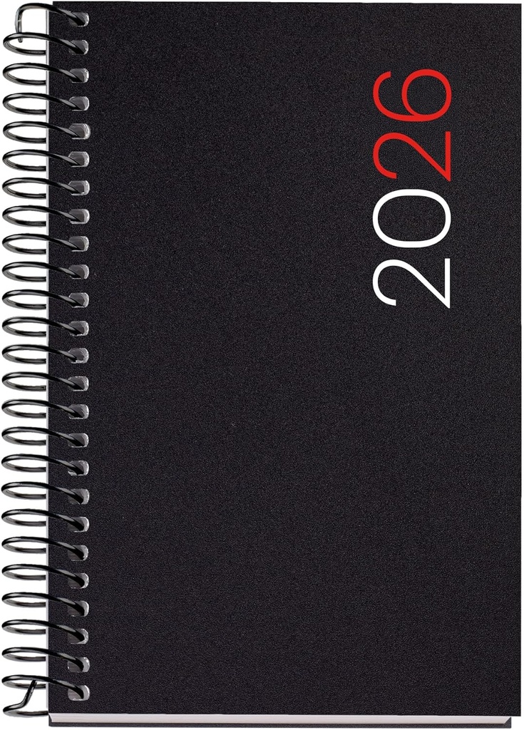 Agenda 2026 día por página, Pequeña y portátil (80 x 120 mm), Cubierta flexible polipropileno, Espiral, Papel 80 g/m², Planificador diario, Español-EN-PT, Color negro Miquelrius
