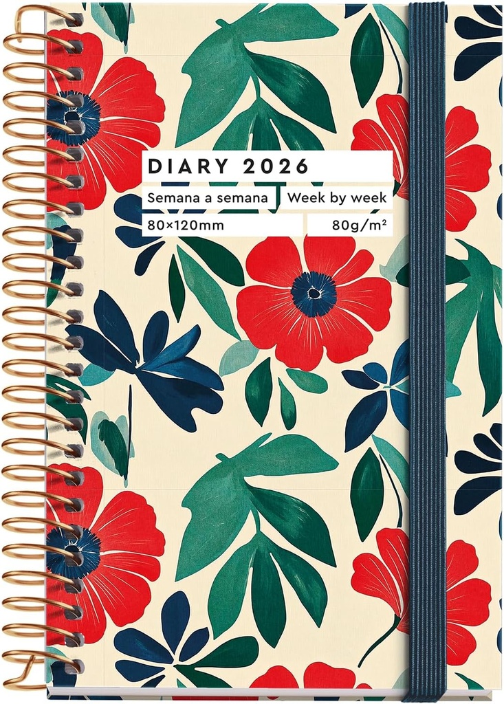 Agenda 2026 semana vista, Pequeña y portátil (80 x 120 mm), Planificación semanal, Cubierta rígida cartón, Espiral, Cierre goma elástica, Papel 80 g/m², Español-EN-PT, Anémona Miquelrius