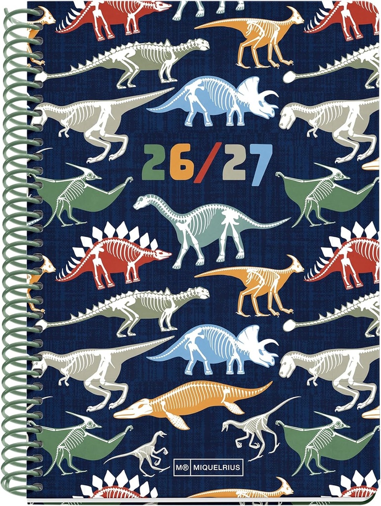 Agenda escolar 2026 2027 semana vista 10 meses, Tamaño A5+ (15×21,3 cm), Cantos redondeados, Cartón forrado y espiral de plástico verde, Brilla en la oscuridad, Español-EN, Dinos Miquelrius