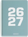 Agenda escolar 2026 2027 día página 10 meses, Tamaño A5+ (15×21,3 cm), Cartón plastificado, Espiral metálico a color, Cantos redondeados, Año en relieve, Stickers, Español-EN, Verde Miquelrius