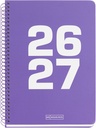Agenda escolar 2026 2027 día página 10 meses, Tamaño A5+ (15×21,3 cm), Cartón plastificado, Espiral metálico a color, Cantos redondeados, Año en relieve, Stickers, Español-EN, Lila Miquelrius