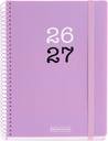 Agenda escolar 2026 2027 día página 12 meses, Tamaño A5+ (15×21,3 cm), Tapas de polipropileno, Espiral metálico a color, Cierre de goma, Cantos redondeados, Stickers, Español-EN, Lila Miquelrius