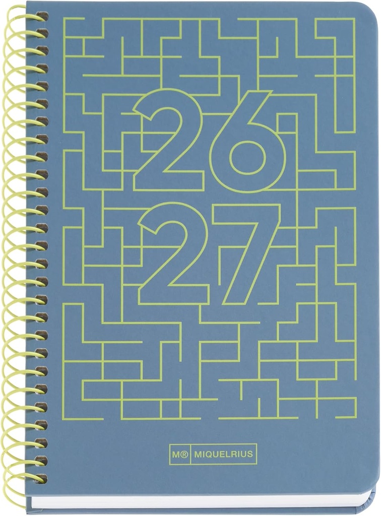 Miquelrius - Agenda escolar 2026 2027 semana vista 10 meses, Tamaño A6+ (11,7×17,4 cm), Cartón plastificado, Espiral metálico a color, Cantos redondeados, Stickers, Español-EN, Azul Miquelrius